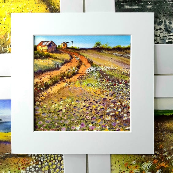 Barns and Windmill Sunny Watercolour Landscape Painting.  Free Post. 