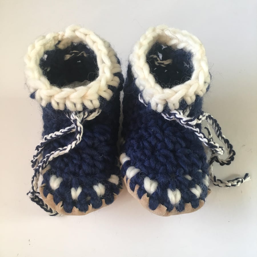Wool & Leather baby boots - Scandi Blue- size 3 (12-18 months)