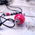 Large stylish boho wooden pendant necklace (pink and silver)