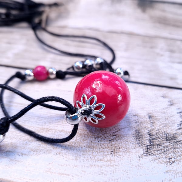 Large stylish boho wooden pendant necklace (pink and silver)