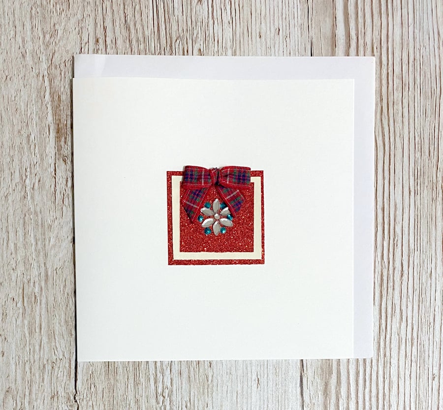 Handmade jewelled birthday card - with red tartan bow
