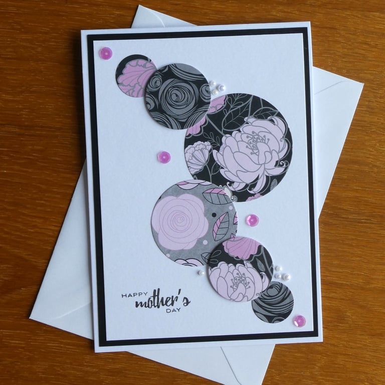 Large Mother's Day Card - Pink, Grey & Black Floral Circles