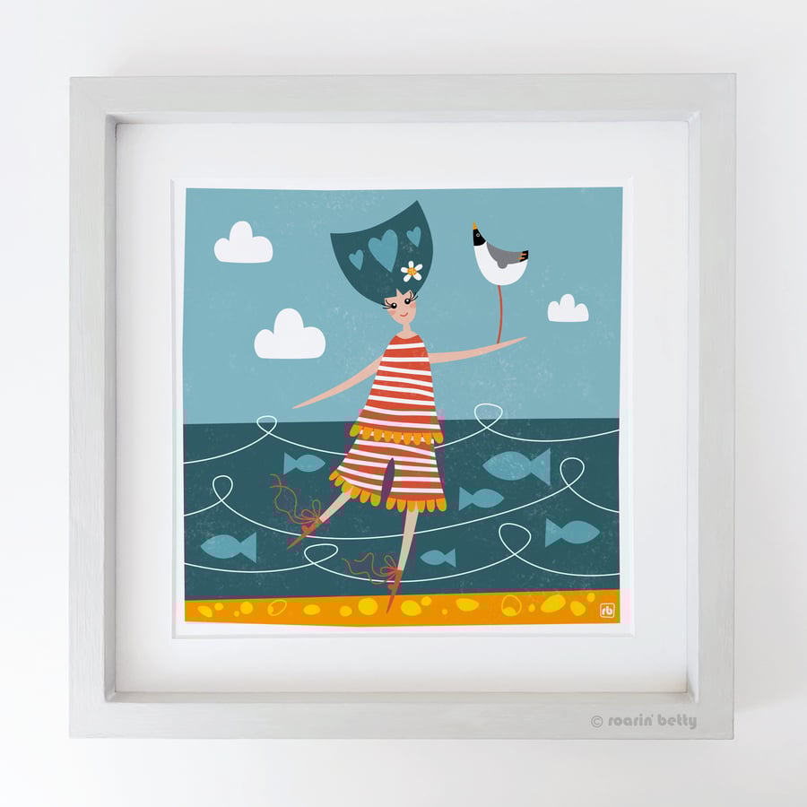 Swimming With The Fishes, lady wild sea swimming print, Giclee art print
