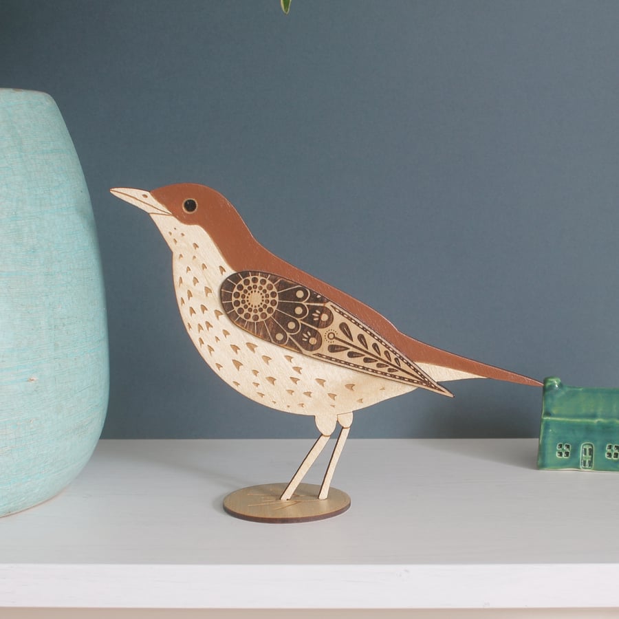 Standing Wooden Mistle Thrush Decoration - Hand Painted