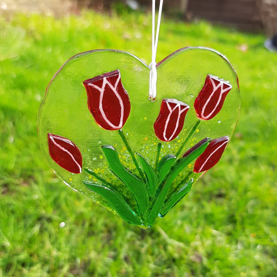 Fused Glass Heart Shaped Tulip Hanging Decoration