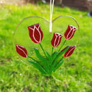 Fused Glass Heart Shaped Tulip Hanging Decoration