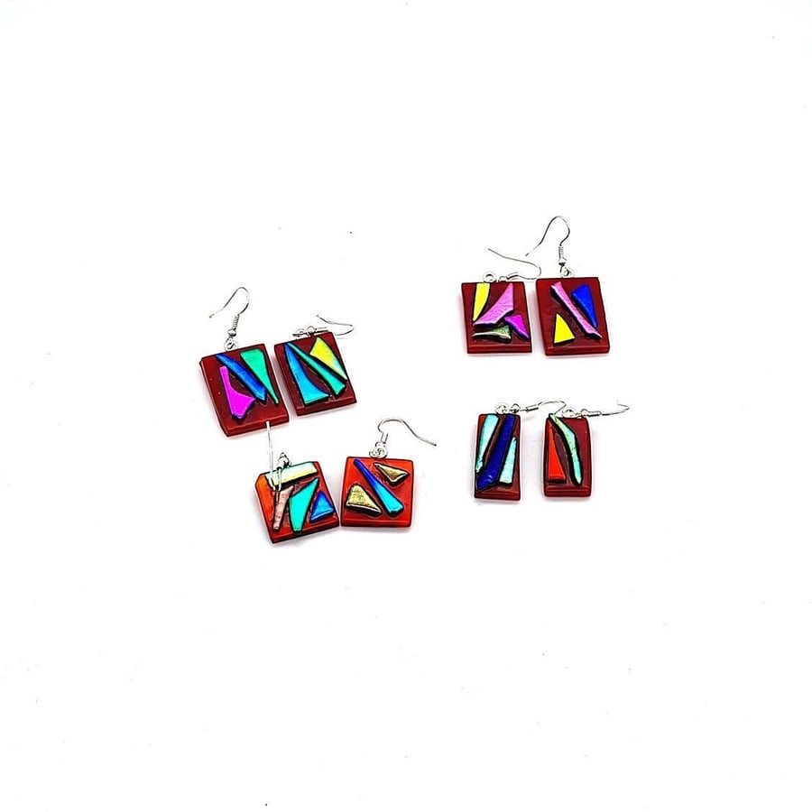 Red Fused Glass Dangle Earrings Funky Party Jewelry