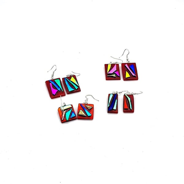 Red Fused Glass Dangle Earrings Funky Party Jewelry