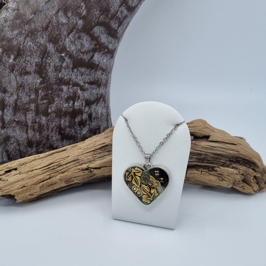 Heart Shaped Leaves, Cogs and Runes Resin Pendant
