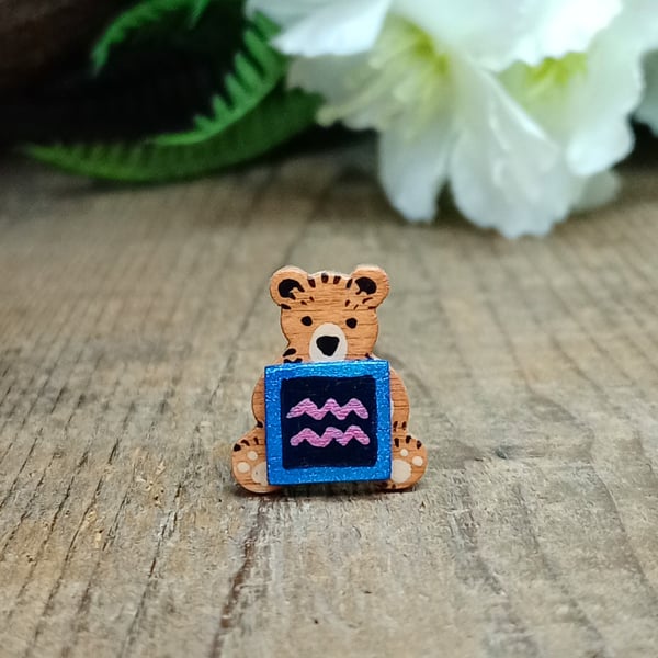 Aquarius Bear Pin, Handmade Tiny Star Sign Wooden Teddy Badge