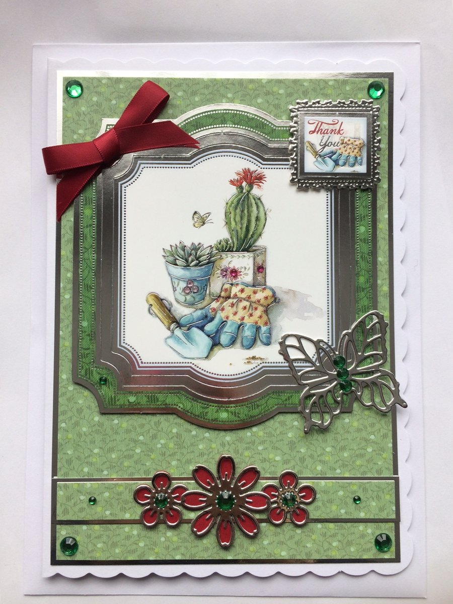 3D Luxury Handmade Card Thank You Gardening Cactus Gloves Trowel