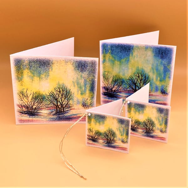 Two 'Arctic Aurora' Greetings Cards with 2 gift tags pack,  Special offer