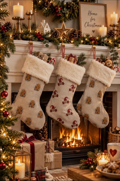 Christmas Stocking Cotton, linen look with Various Seasonal Prints. Decoration