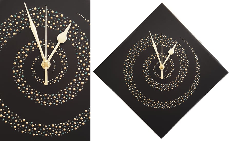 Black Handpainted Diamond Clock, Spiral Design, 28cm
