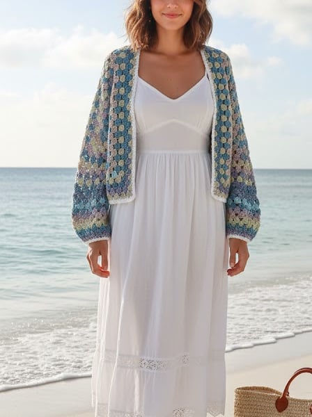 Handmade Crochet Granny Hexagon Cardigan Crop Bolero Boho Festival Jacket 