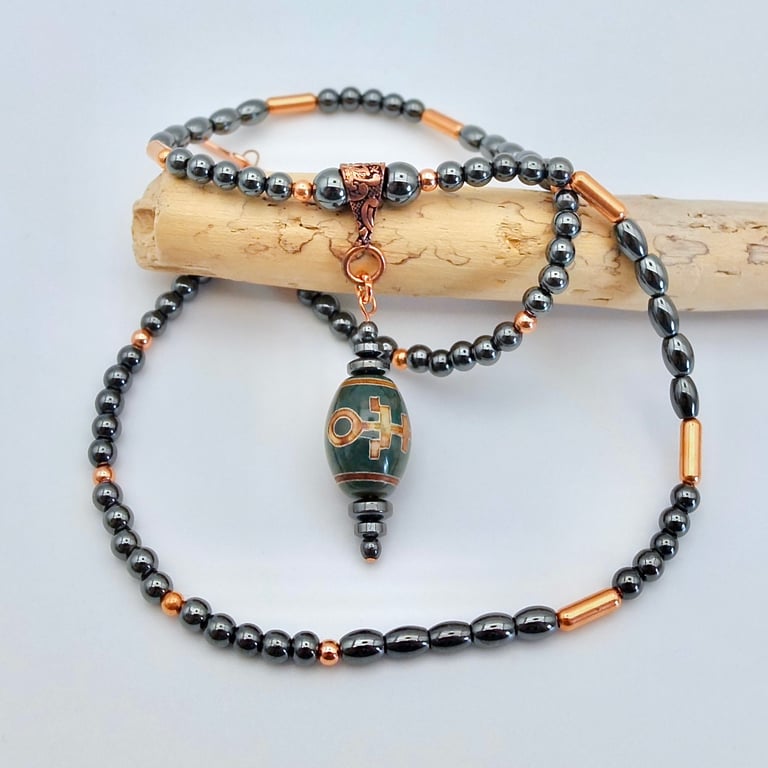 Tibetan Style Dzi Hand Patterned Agate Pendant on Haematite & Copper Necklace