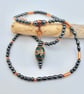 Tibetan Style Dzi Hand Patterned Agate Pendant on Haematite & Copper Necklace