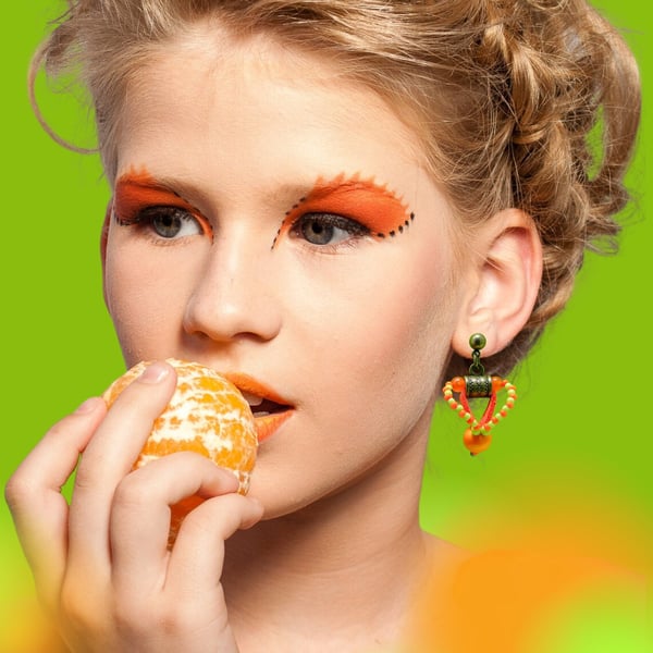 Bright Tropical Sunshine Orange and Green Beaded Dangle Earrings
