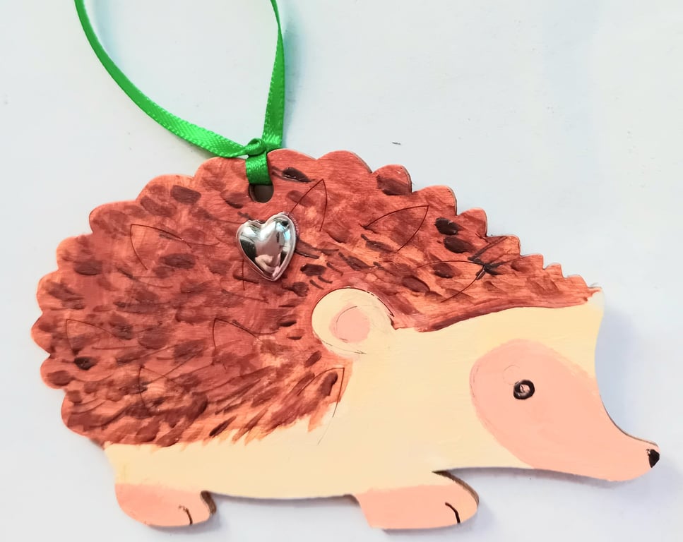 Hedgehog in wood with heart charm  hand painted co cute