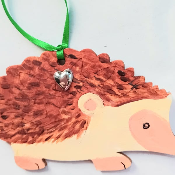 Hedgehog in wood with heart charm  hand painted co cute