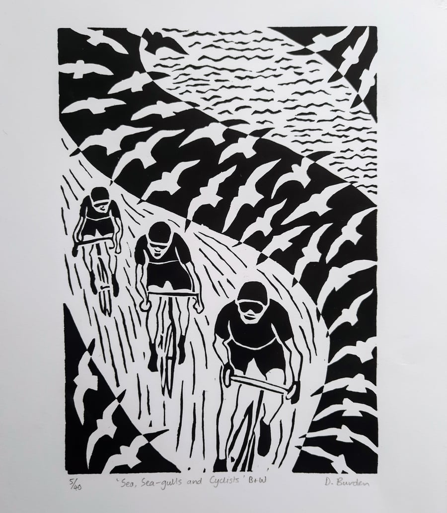 Limited edition linoprint of cyclists and birds