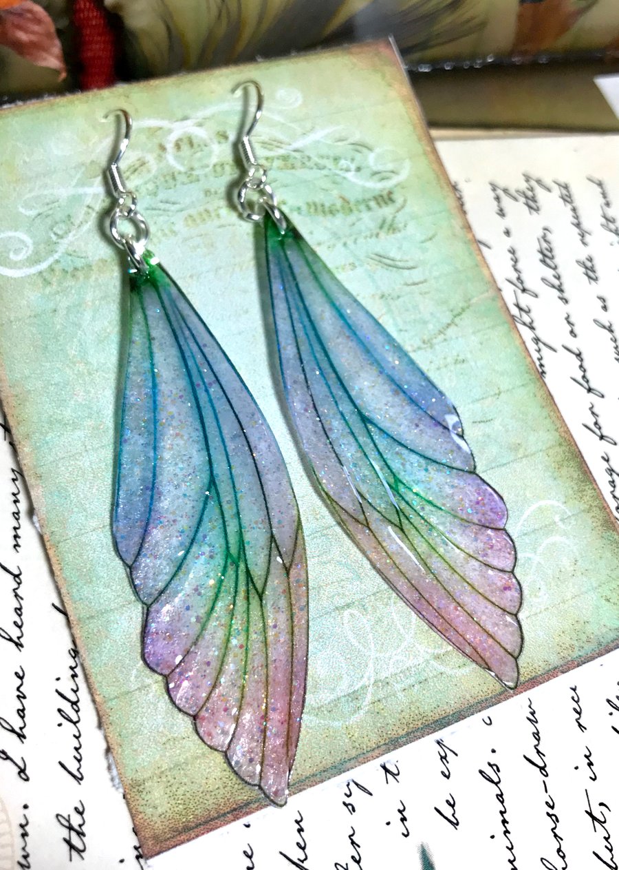 Large Pastel Coloured Sterling Silver Fairy Wing Earrings Style 2