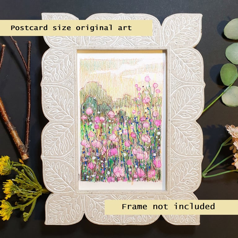 Little pink flower meadow drawing, original art letterbox gift, small drawing