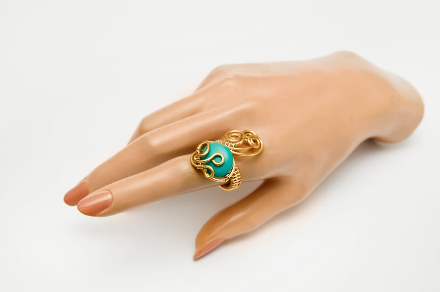 Adjustable Gold-Plated Wire Wrapped Turquoise Ring ,Handmade Boho Jewelry 