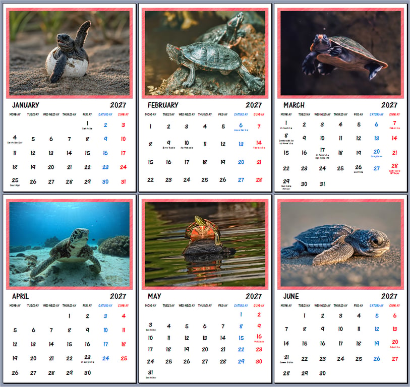 2027 A4 Calendar Turtles Calendar Wire Hanging 