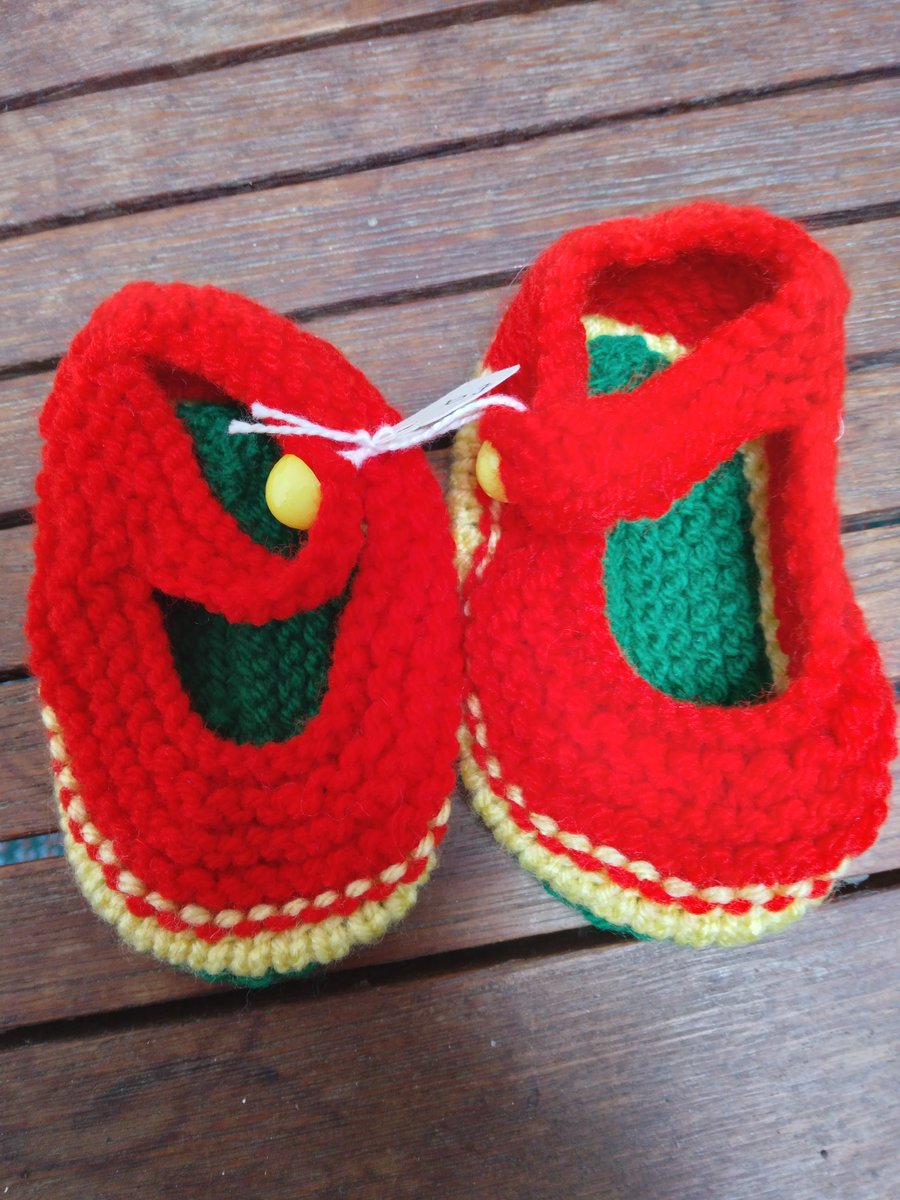 Bootees hand knitted in bright colours