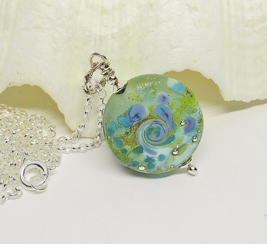 Aqua Blue Lampwork Glass Pendant Necklace - Sterling Silver
