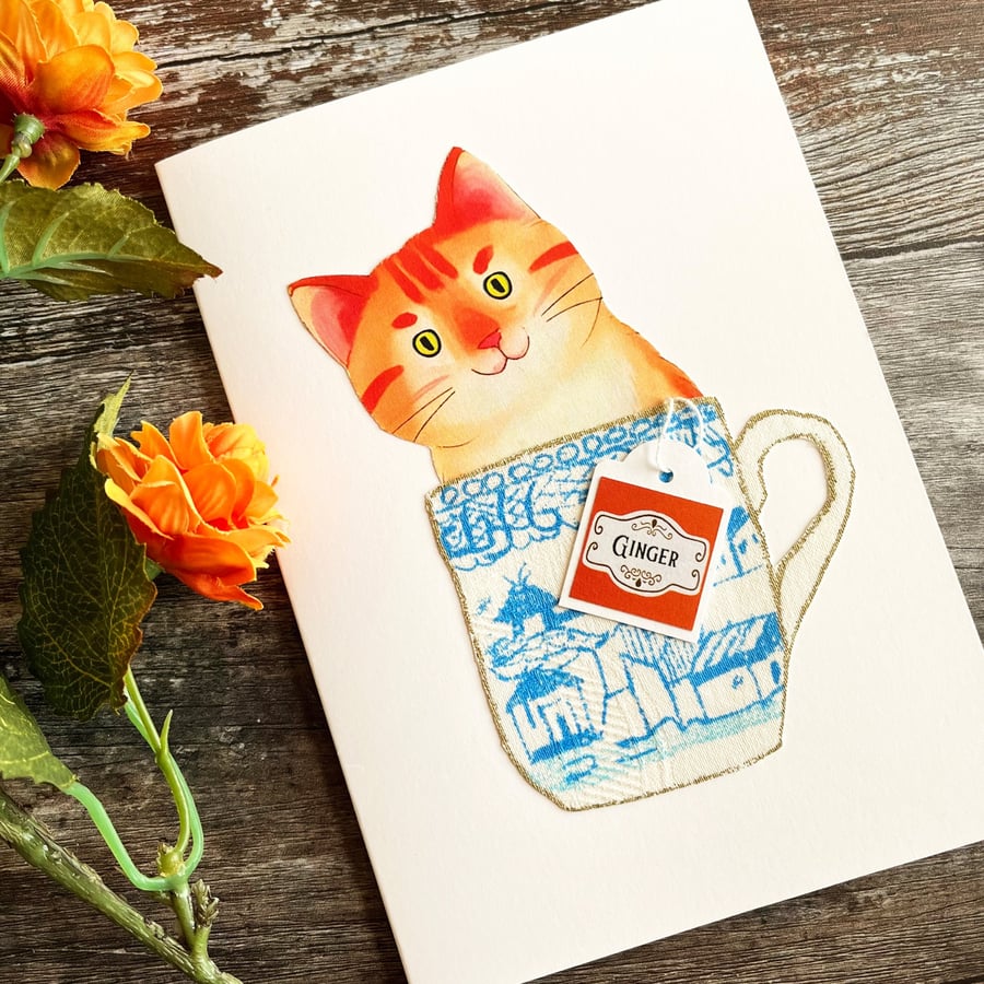 Ginger tabby cat handmade card, card for cat lover, cat in a cup
