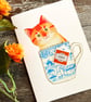 Ginger tabby cat handmade card, card for cat lover, cat in a cup