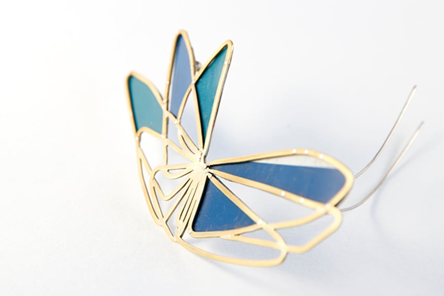 Brass Abstract Wing Blue and Green Tin Brooch