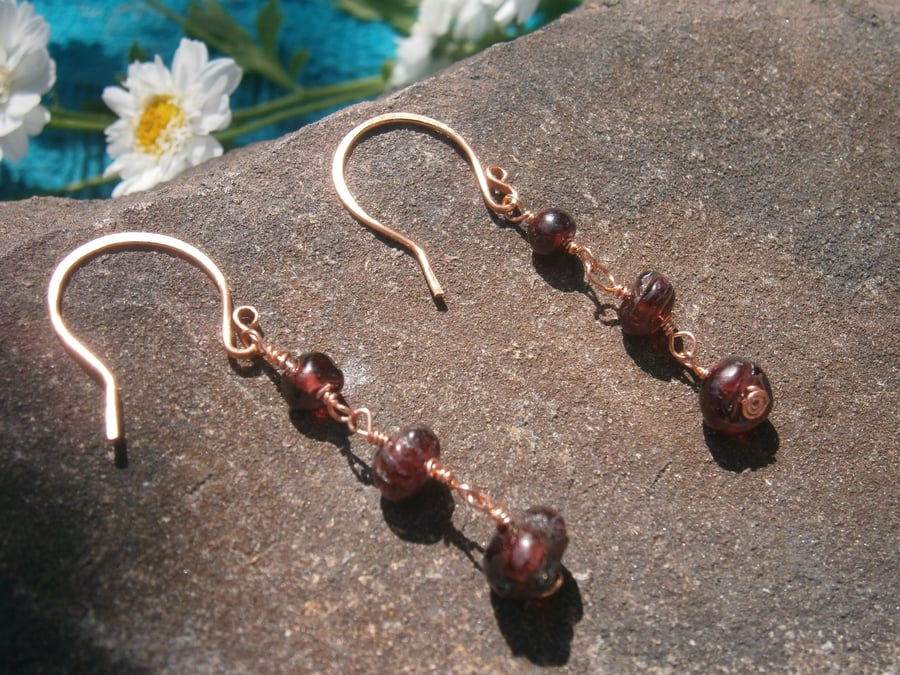 Natural Garnet Drop Strand Copper Wire Earrings FREE POST