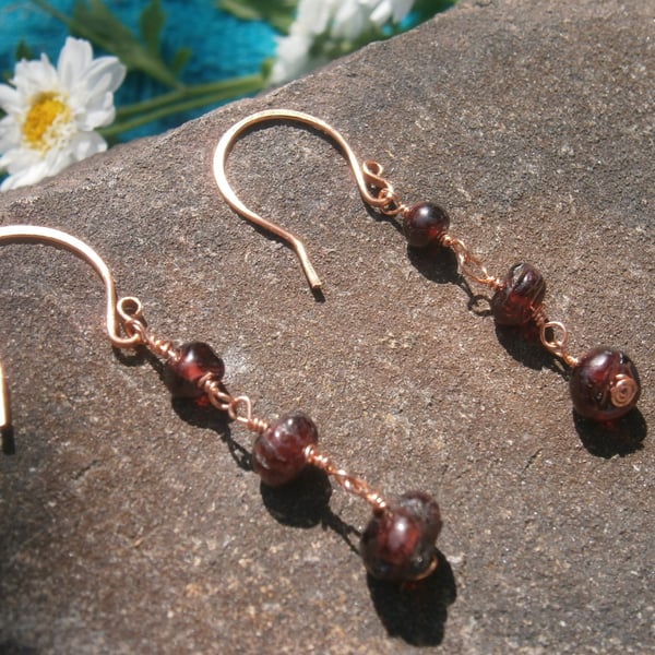 Natural Garnet Drop Strand Copper Wire Earrings FREE POST