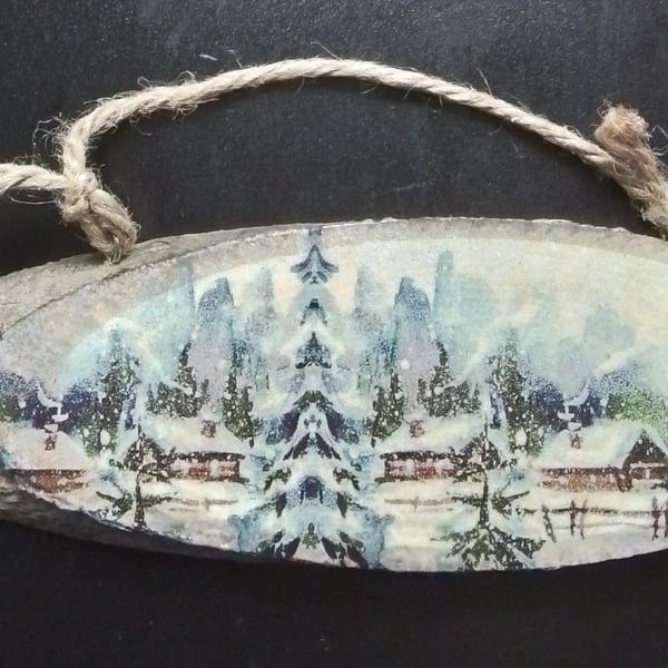 Winter scene decoupage log slice 