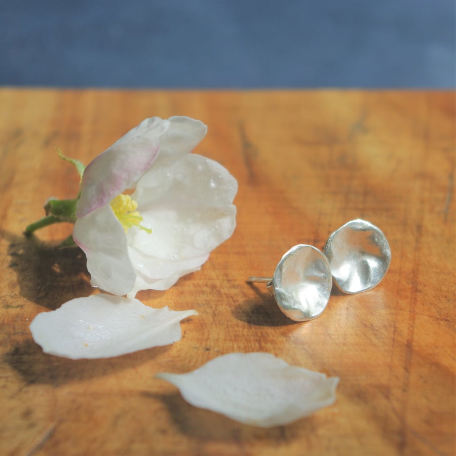 Silver Blossom Crumpled Circle Stud Earrings