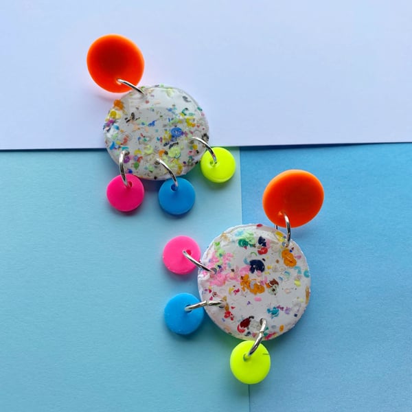 Bright neon rainbow confetti earrings