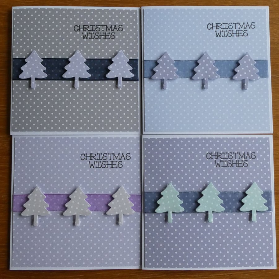 Set of 4 Polka Dot Christmas Tree Cards - Blues & Greys