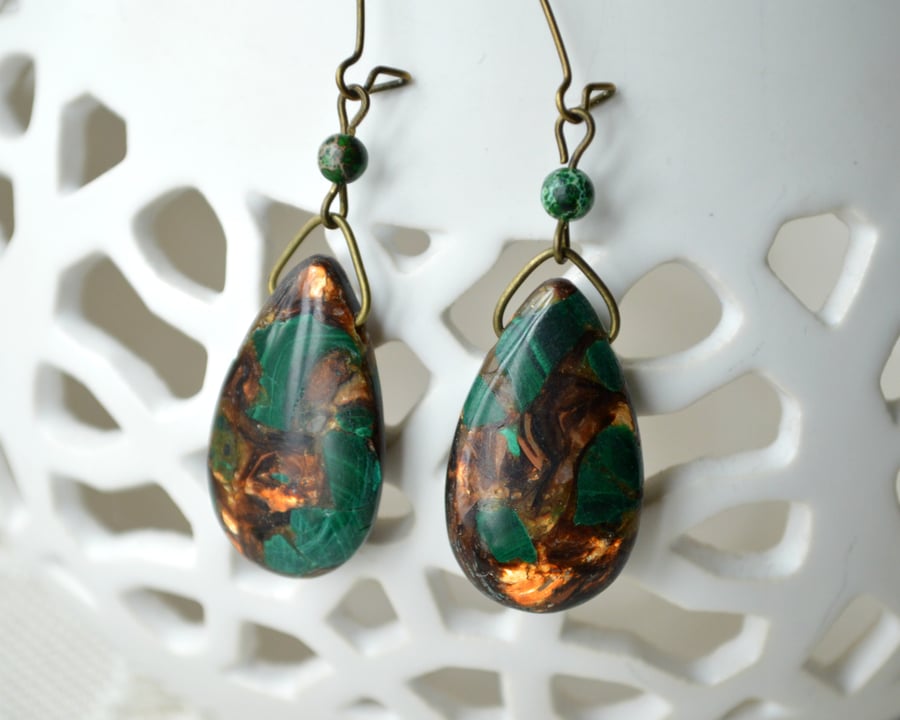Green & Bronze Jasper Teardrop Earrings