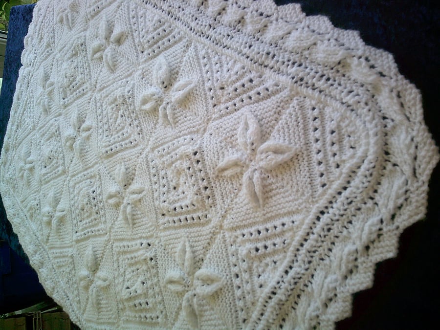White Pram Blanket with Petal Design and Lacy Edging