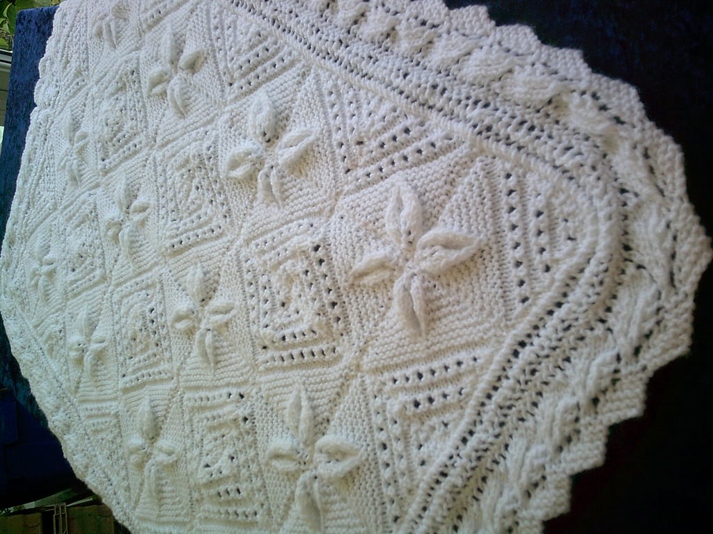 White Pram Blanket with Petal Design and Lacy Edging