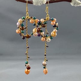 Multicoloured Cultured Pearl Cluster Hoop Chain Drop Gold Filled Earrings