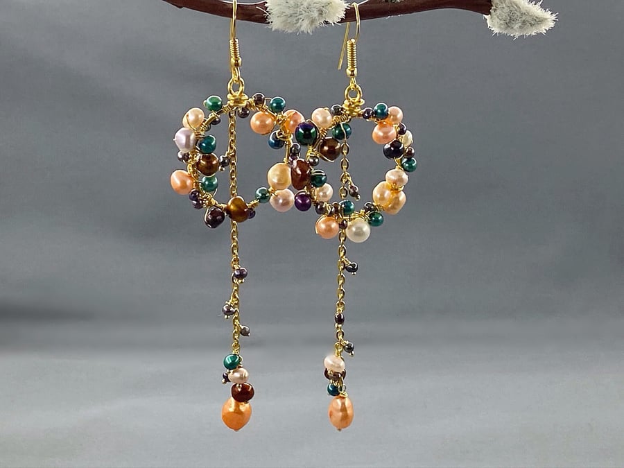 Multicoloured Cultured Pearl Cluster Hoop Chain Drop Gold Filled Earrings