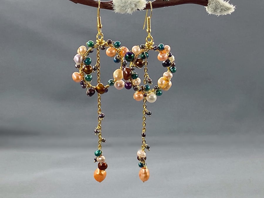 Multicoloured Cultured Pearl Cluster Hoop Chain Drop Gold Filled Earrings