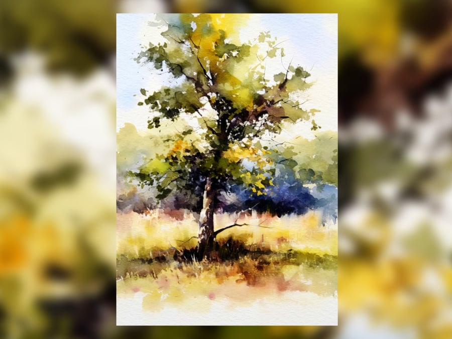 Lone Tree in Meadow, Serene Watercolor Landscape Painting 5"x7" on Matte Paper