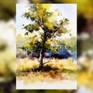 Lone Tree in Meadow, Serene Watercolor Landscape Painting 5"x7" on Matte Paper