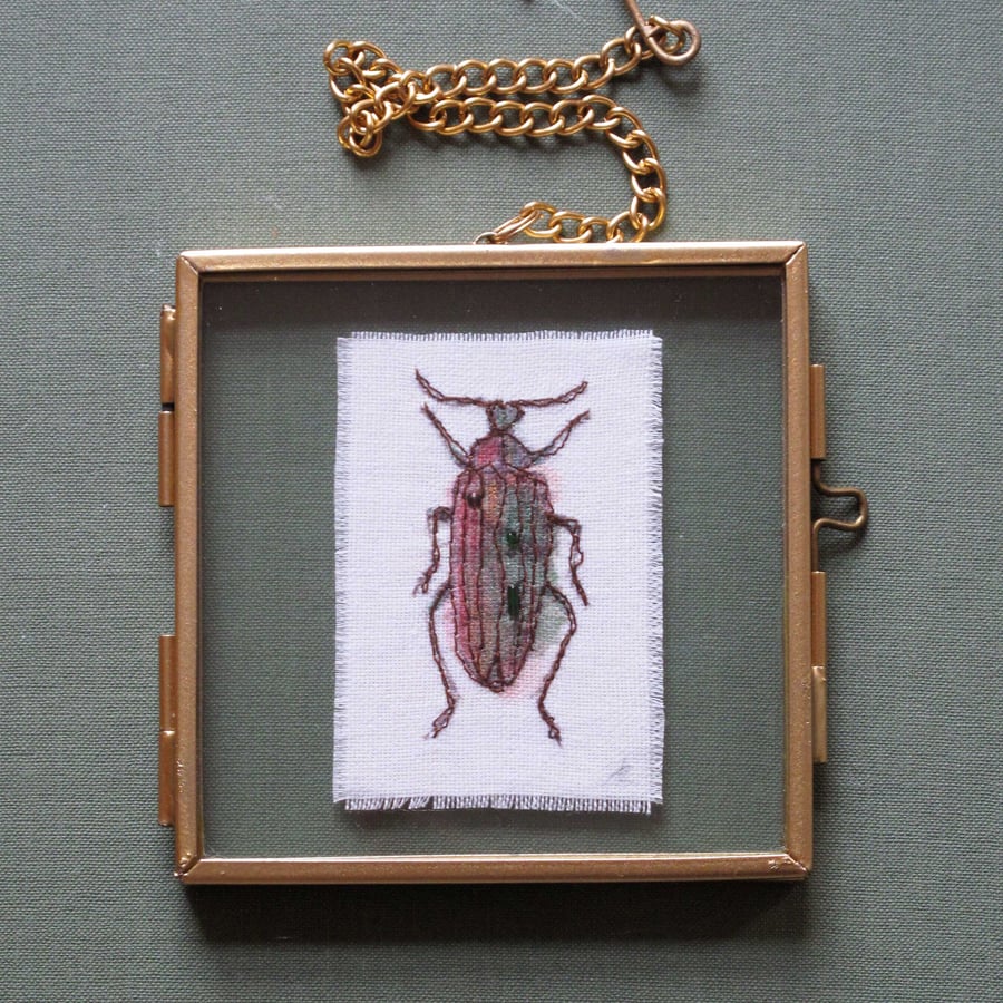Embroidered Beetle in Metal and Glass Frame