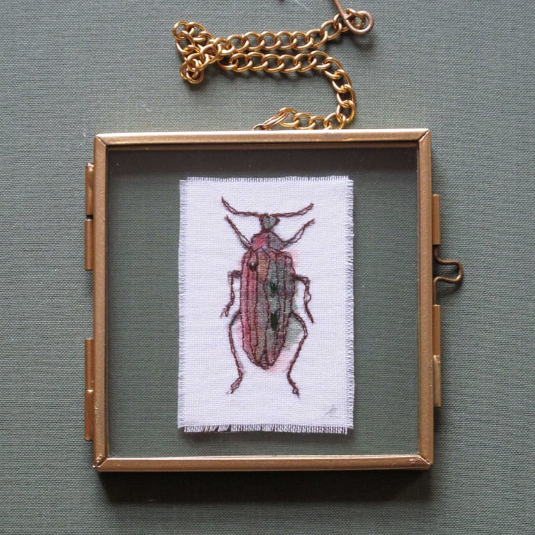 Embroidered Beetle in Metal and Glass Frame
